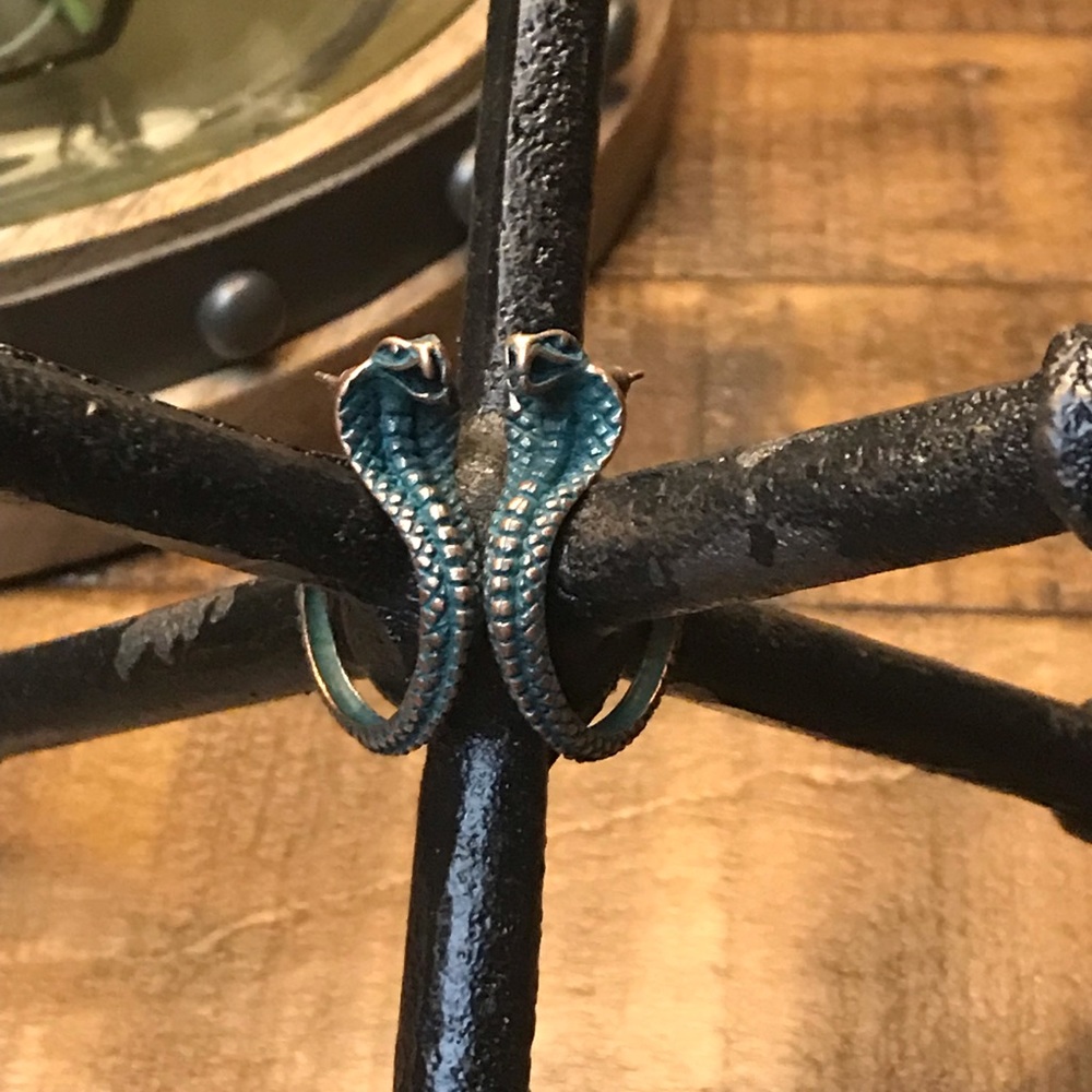 🍒Brass and Teal Cobra Hoop Earrings